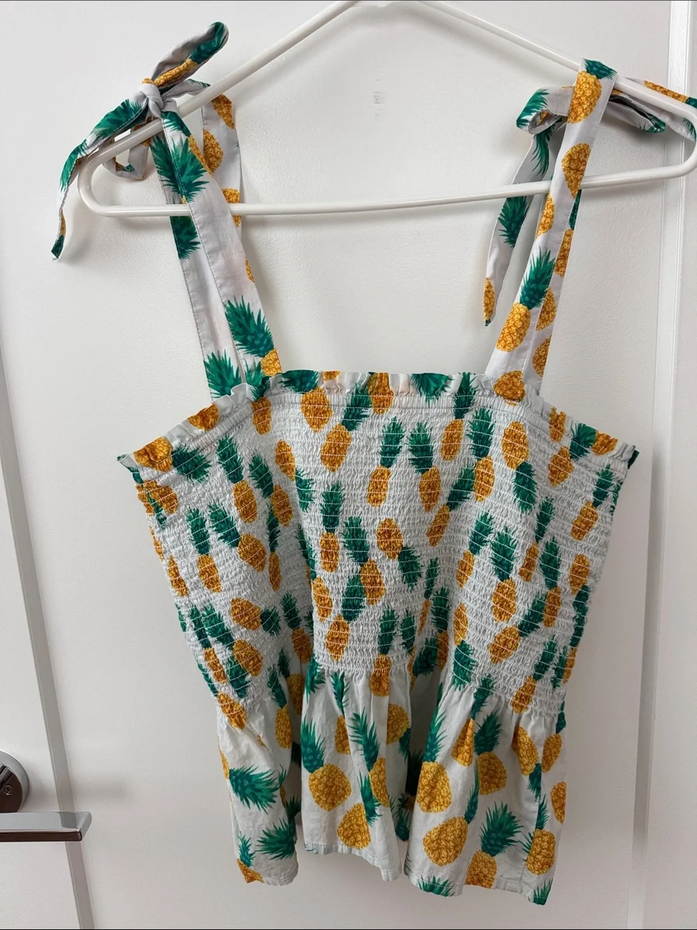 J. Crew White Pineapple Smocked Tie-Shoulder Top